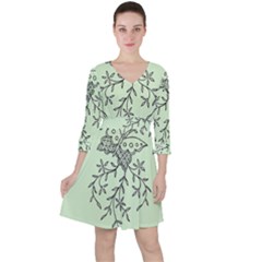 Illustration Of Butterflies And Flowers Ornament On Green Background Quarter Sleeve Ruffle Waist Dress by Ket1n9