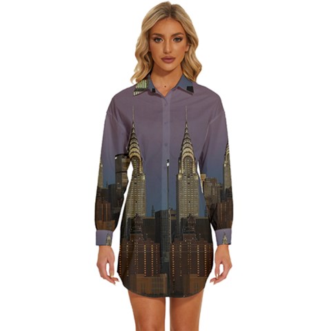 Skyline-city-manhattan-new-york Womens Long Sleeve Shirt Dress by Ket1n9