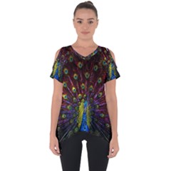 Beautiful Peacock Feather Cut Out Side Drop T-shirt