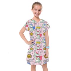 Seamless-pattern-with-many-funny-cute-superhero-dinosaurs-t-rex-mask-cloak-with-comics-style-inscrip Kids  Drop Waist Dress by Ket1n9