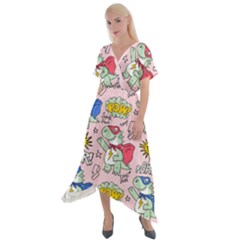 Seamless-pattern-with-many-funny-cute-superhero-dinosaurs-t-rex-mask-cloak-with-comics-style-inscrip Cross Front Sharkbite Hem Maxi Dress by Ket1n9
