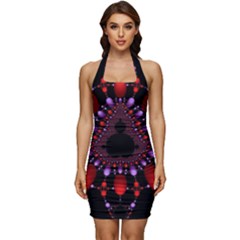 Fractal Red Violet Symmetric Spheres On Black Sleeveless Wide Square Neckline Ruched Bodycon Dress
