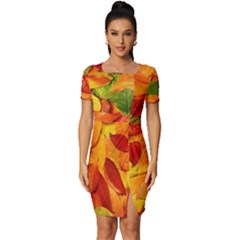 Leaves Texture Fitted Knot Split End Bodycon Dress by Ket1n9