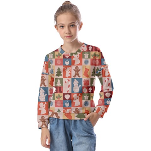 Cute Christmas Seamless Pattern Vector  - Kids  Long Sleeve T-shirt With Frill  by Ket1n9