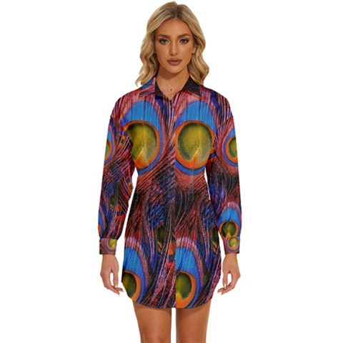 Pretty Peacock Feather Womens Long Sleeve Shirt Dress by Ket1n9