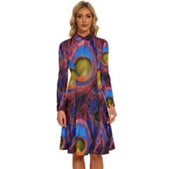 Pretty Peacock Feather Long Sleeve Shirt Collar A-line Dress by Ket1n9