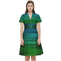 Blue And Green Lines Short Sleeve Waist Detail Dress by Ket1n9