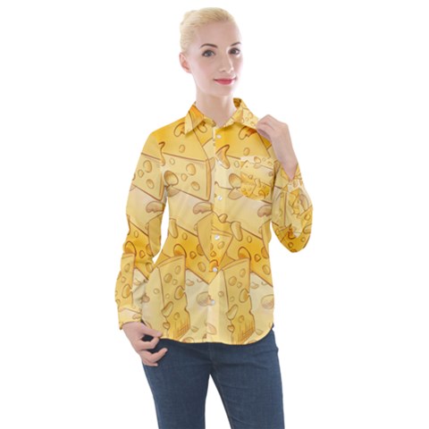 Cheese-slices-seamless-pattern-cartoon-style Women s Long Sleeve Pocket Shirt by Ket1n9