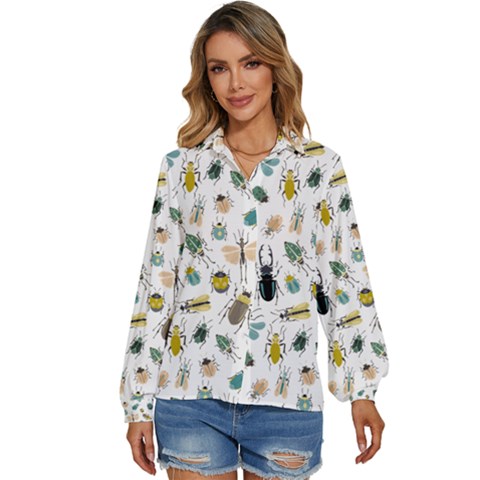 Insect Animal Pattern Women s Long Sleeve Button Up Shirt by Ket1n9