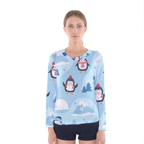 Christmas-seamless-pattern-with-penguin Women s Long Sleeve T-shirt by Grandong