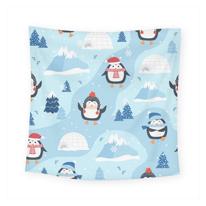 Christmas-seamless-pattern-with-penguin Square Tapestry (Small)