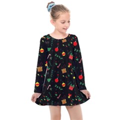 Christmas Pattern Texture Colorful Wallpaper Kids  Long Sleeve Dress by Grandong