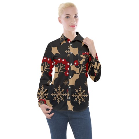 Christmas-pattern-with-snowflakes-berries Women s Long Sleeve Pocket Shirt by Grandong