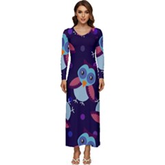 Owl-pattern-background Long Sleeve Longline Maxi Dress by Grandong