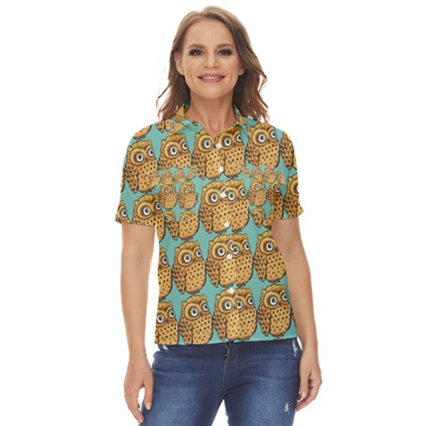 Owl-stars-pattern-background Women s Short Sleeve Double Pocket Shirt by Grandong