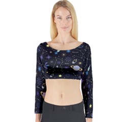 Starry Night  Space Constellations  Stars  Galaxy  Universe Graphic  Illustration Long Sleeve Crop Top by Grandong