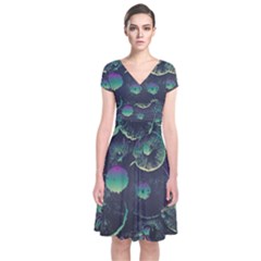 Psychedelic Mushrooms Background Short Sleeve Front Wrap Dress