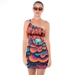 Flowers Painting One Shoulder Ring Trim Bodycon Dress