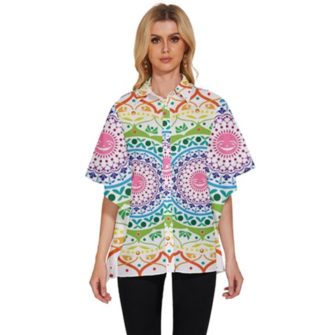 Mandala Pattern Rainbow Pride Women s Batwing Button Up Shirt by Vaneshop