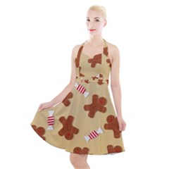 Gingerbread Christmas Time Halter Party Swing Dress  by Pakjumat
