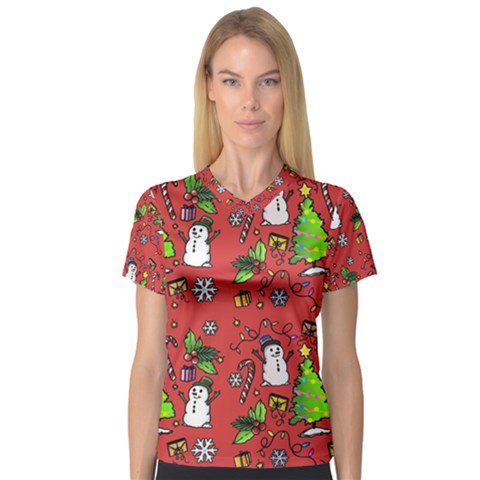 Santa Snowman Gift Holiday V-neck Sport Mesh T-shirt by Pakjumat