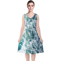 Blue Ocean Waves V-neck Midi Sleeveless Dress  by Jack14