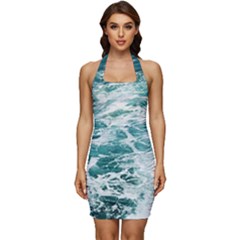 Blue Crashing Ocean Wave Sleeveless Wide Square Neckline Ruched Bodycon Dress by Jack14