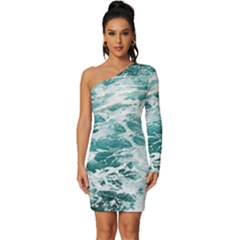 Blue Crashing Ocean Wave Long Sleeve One Shoulder Mini Dress