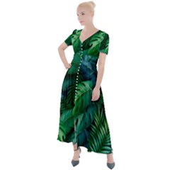 Tropical Green Leaves Background Button Up Short Sleeve Maxi Dress by Amaryn4rt