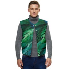 Tropical Green Leaves Background Men s Button Up Puffer Vest	 by Amaryn4rt