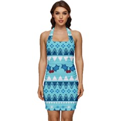 Blue Christmas Vintage Ethnic Seamless Pattern Sleeveless Wide Square Neckline Ruched Bodycon Dress by Amaryn4rt