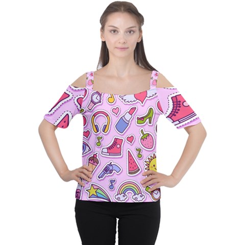 Fashion-patch-set Cutout Shoulder T-shirt by Amaryn4rt