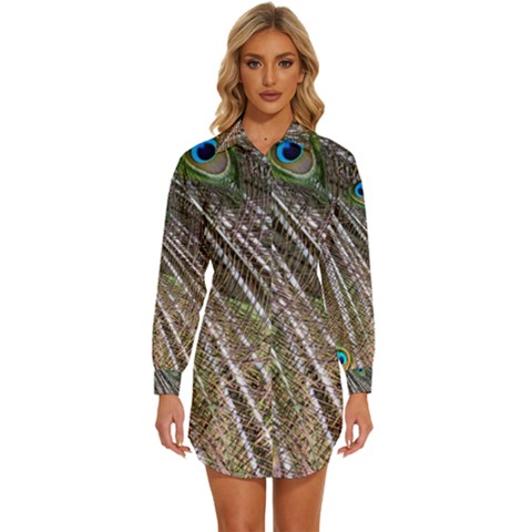 Peacock-feathers-pattern-colorful Womens Long Sleeve Shirt Dress by Amaryn4rt