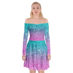 Pink And Turquoise Glitter Off Shoulder Skater Dress by Sarkoni