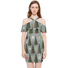 Christmas Trees Pattern Wallpaper Shoulder Frill Bodycon Summer Dress by Pakjumat