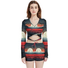 Winter Painting Moon Night Sky Velvet Wrap Crop Top And Shorts Set