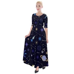 Starry Night  Space Constellations  Stars  Galaxy  Universe Graphic  Illustration Half Sleeves Maxi Dress by Pakjumat