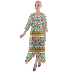 Flower Fabric Design Quarter Sleeve Wrap Front Maxi Dress by Pakjumat