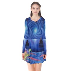 Psychedelic Mushrooms Psicodelia Dream Blue Long Sleeve V-neck Flare Dress