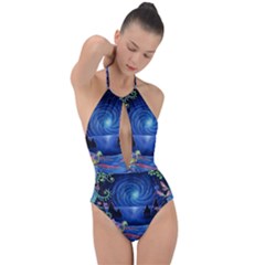 Psychedelic Mushrooms Psicodelia Dream Blue Plunge Cut Halter Swimsuit by Modalart