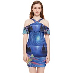 Psychedelic Mushrooms Psicodelia Dream Blue Shoulder Frill Bodycon Summer Dress by Modalart