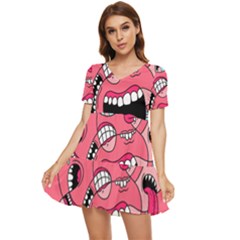 Big Mouth Worm Tiered Short Sleeve Babydoll Dress by Dutashop