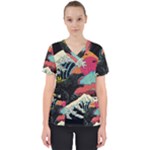 Retro Wave Kaiju Godzilla Japanese Pop Art Style Women s V-Neck Scrub Top