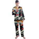 Retro Wave Kaiju Godzilla Japanese Pop Art Style Men s Long Sleeve Satin Pajamas Set