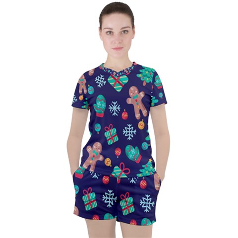 Christmas Texture New Year Background Trees Retro Pattern Women s T-shirt And Shorts Set by Sarkoni