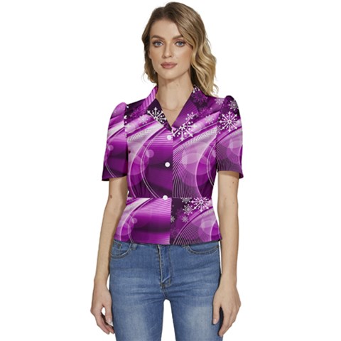 Purple Abstract Merry Christmas Xmas Pattern Puffed Short Sleeve Button Up Jacket by Sarkoni