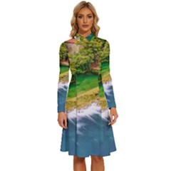 River Waterfall Long Sleeve Shirt Collar A-line Dress by Sarkoni