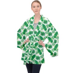 Tropical Leaf Pattern Long Sleeve Velvet Kimono 