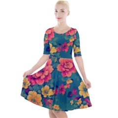 Floral Art Flowers Textile Quarter Sleeve A-line Dress by Ravend