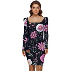 Flowers Pattern Women Long Sleeve Ruched Stretch Jersey Dress by Ravend